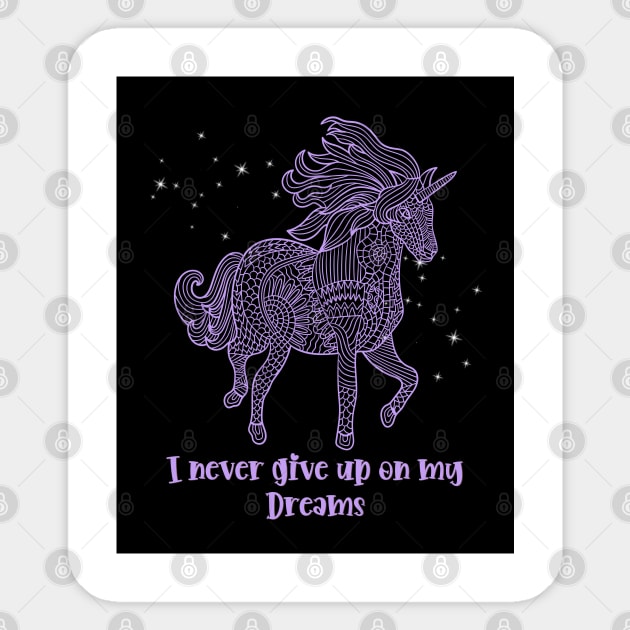 I Never Give Up On My Dreams Beautiful Purple Geometrical Unicorn With Sparkle Sticker by teezeedy